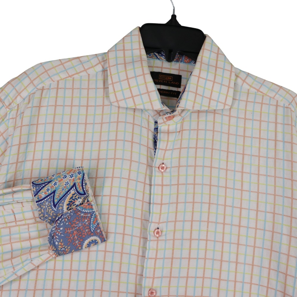 Steven Land Button Down Shirt Mens XL Graph Check Paisley Contrast Cuff Business